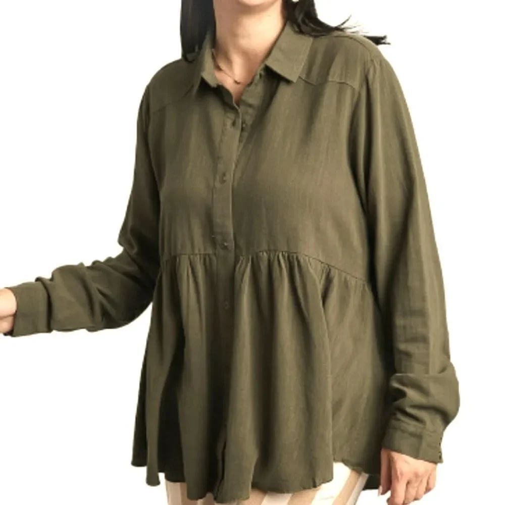 Umgee Olive Green Poets Shirt Top. Boho, Organic,  Arty
